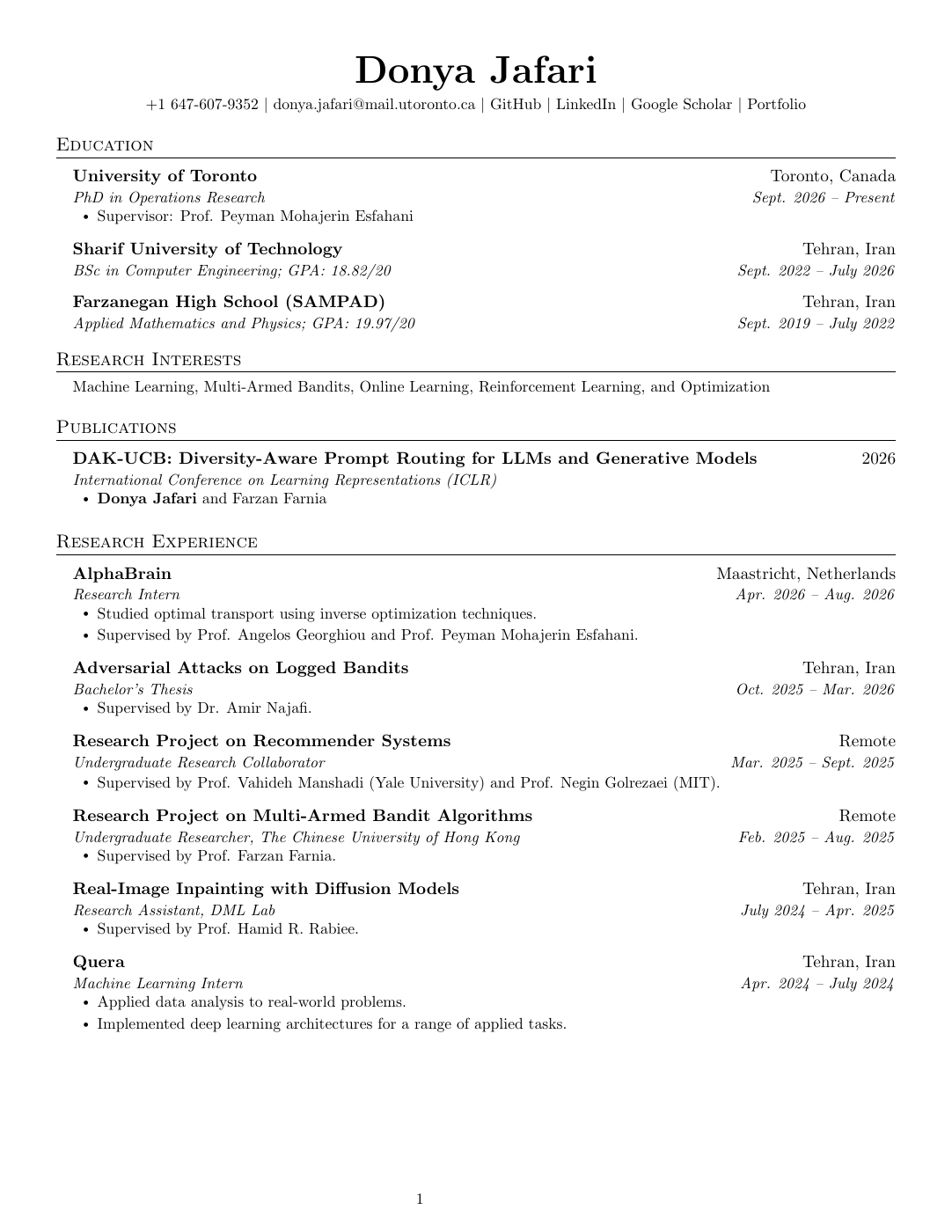 First-page preview of Donya Jafari’s academic CV. Open the PDF to read the complete document.